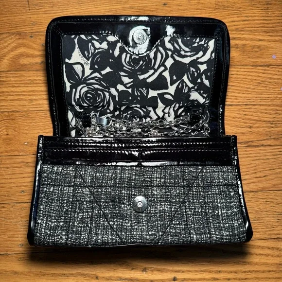 Brighton Black and Gray Tweed Clutch with Silver Flower and chain strap - Picture 5 of 10